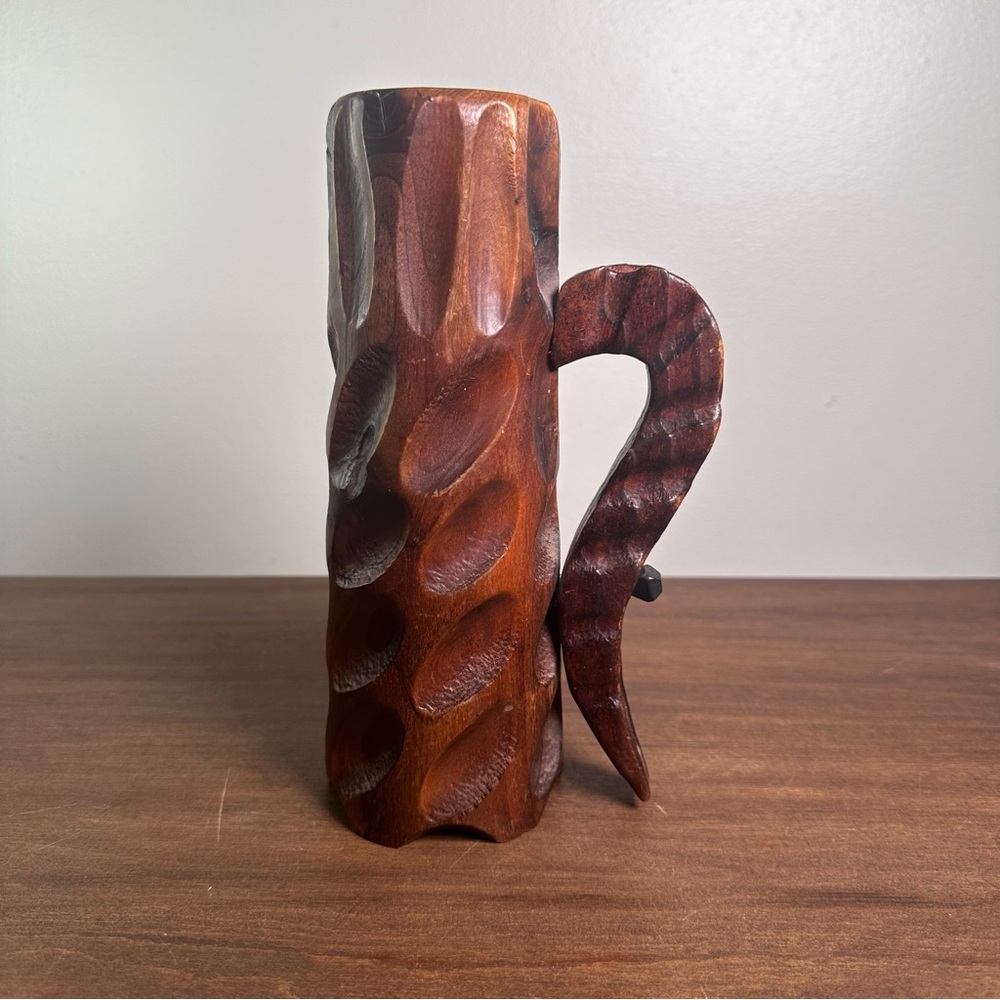 Vintage Hand Carved Wood  Tankard Nailed Handle Stein Primitive Rustic Folk Art